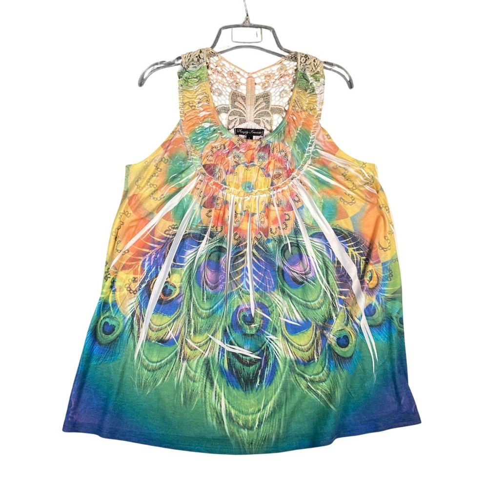 Simply Irresistible Peacock Feather Print Lace Trim Tank Top Shirt Womens Large